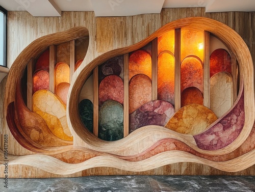 Abstract wood art installation with colored, arched stained glass panes. It's for themes of creativity, interior design, or modern decoration.