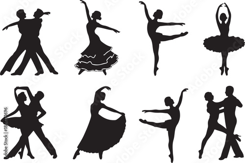 Dance silhouette vector set featuring ballroom, flamenco, and ballet poses with elegant movement, costume detail, and expressive posture art