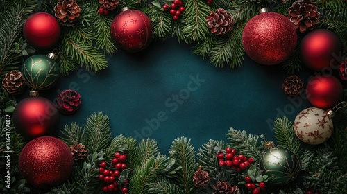 Christmas frame of tree branches, ornaments, and pine cones on blue background. Use as a background for cards or for other holiday designs.