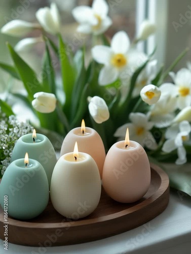 Candles on a wooden tray with flowers in the background in a cozy indoor setting