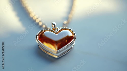 Heart-shaped locket with a silver chain and a golden interior on a plain background
