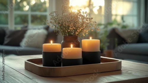 Candles and flowers on a table in a cozy living room during evening light