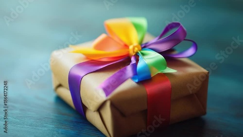 Gift box with colorful ribbon placed on a wooden table
