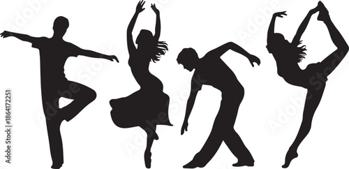 Dynamic silhouettes of diverse dancers expressing movement and grace in artistic poses vector