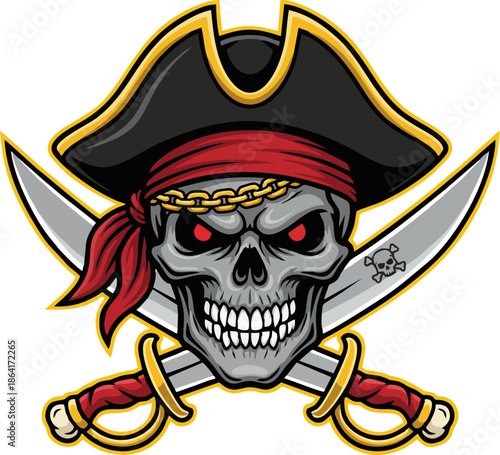 Pirate Skull Mascot with Crossed Swords Illustration, Aggressive Buccaneer Logo Design