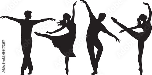 Dynamic silhouettes of diverse dancers expressing movement and grace in artistic poses vector