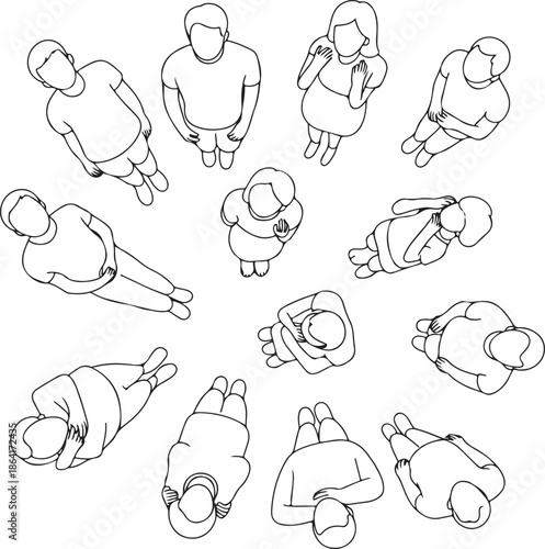 Extensive set of clean line top view silhouettes of people in various poses, perfect for enriching interior design plans, architectural drawings, and wayfinding graphics