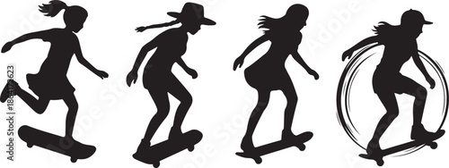 Female skateboarder silhouettes in motion in dynamic black silhouette vector