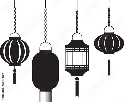 Black and white illustration of hanging lanterns with varying designs