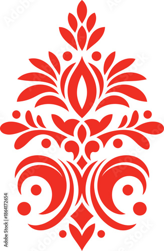 An abstract floral pattern featuring green leaves and elegant, swirling decorative shapes