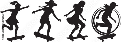 Female skateboarder silhouettes in motion in dynamic black silhouette vector