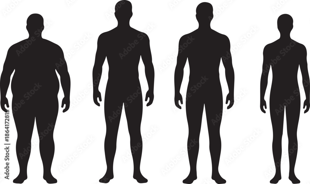 Αυτοκόλλητο Four male silhouettes showing a progression from overweight to fit and muscular