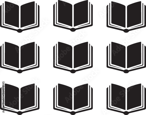 A grid of nine open books shown in a simple black and white style