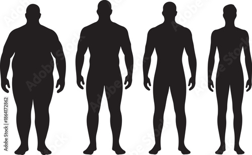 Four male silhouettes showing a progression from overweight to fit and muscular