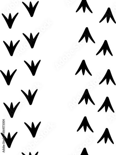 Horizontal row of duck footprints walking across the frame, black silhouette of webbed bird tracks on white background, nature and wildlife vector design.