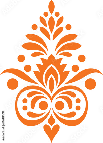 An abstract floral pattern featuring green leaves and elegant, swirling decorative shapes