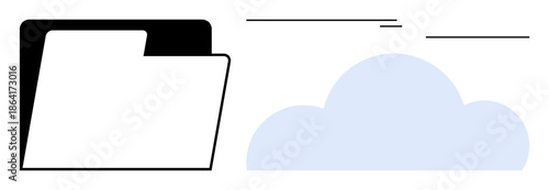 Black folder beside blue cloud with minimal lines, representing cloud storage. Ideal for data, technology, cloud computing, organization, file sharing, remote work digital innovation. Simple flat