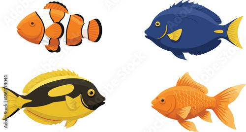 Colorful tropical fish vector illustration set with cartoon sea animals isolated on white background