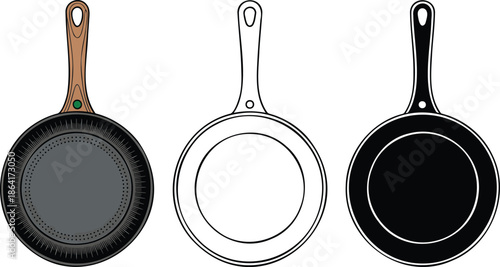 Frying pan silhouette & Outline and illustration set isolated on transparent background