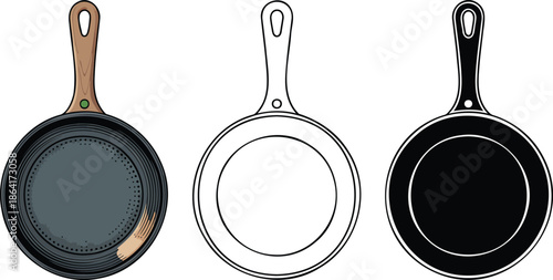 Frying pan silhouette & Outline and illustration set isolated on transparent background