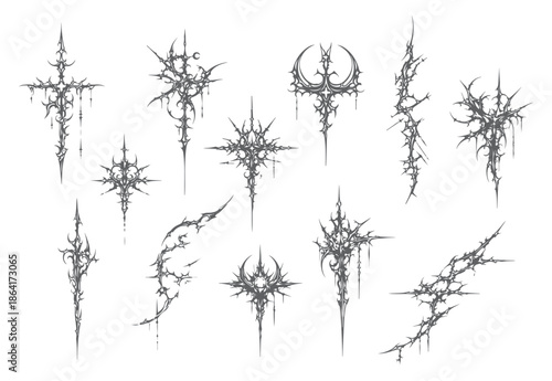 Neo-Tribal Cybersigilismc Vector Set: Gothic Futuristic Linework, Occult Tattoo Core Symbols, Modern Cyberpunk Patterns for Streetwear, Clothing Brand Graphics, T-Shirt Design & Edgy Vector