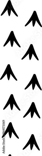 Abstract bird footprints forming a vertical trail, black silhouette of webbed duck tracks isolated on white, nature and waterfowl vector illustration.