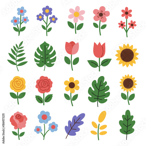 Springtime floral vector illustration featuring an assortment of colorful flowers and leaves, perfect for design and decoration