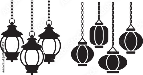 Black and white illustration of hanging lanterns in various shapes and designs