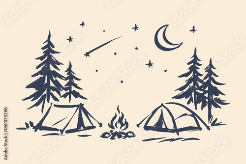 Camping tents campfire night ink sketch vector illustration