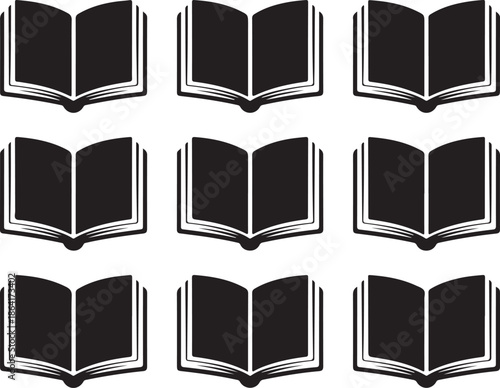 Nine open books arranged in a grid pattern showcasing knowledge and learning
