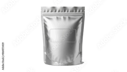 Mockup of a blank silver stand up pouch packaging with a resealable zipper and clear window area for branding food product display