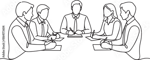 Group of people working continuous one line vector drawing. Students preparing to exams, doing homework hand drawn characters. Coworking. Job meeting, discussion