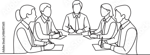 Group of people working continuous one line vector drawing. Students preparing to exams, doing homework hand drawn characters. Coworking. Job meeting, discussion