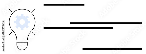 Light bulb with gear inside surrounded by horizontal lines, symbolizing innovative ideas, efficiency, and progress. Ideal for creativity, teamwork, innovation, productivity, technology design