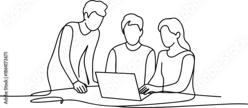 Group of three people working together continuous one line vector drawing. Students preparing to exams, doing homework. Coworking. Job meeting, discussion