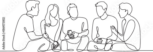 Group of young people sitting on ground together and talking. Friends rest and communicate. Continuous line art drawing style. Minimalist black linear sketch on white background. Vector illustration