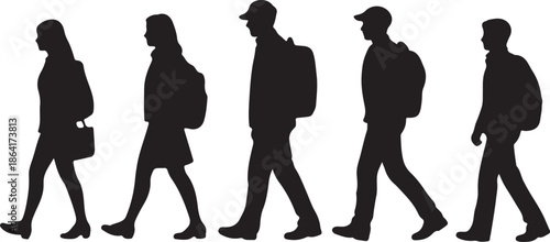 Group walking, silhouettes of people, carrying bags, backpacks, casual clothing, outdoor activity, diverse individuals, motion, urban lifestyle, travel, movement, teamwork