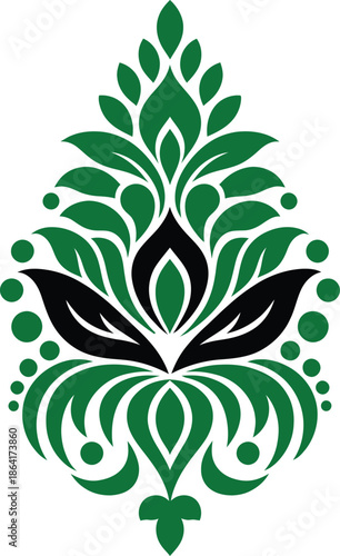 An abstract floral pattern featuring green leaves and elegant, swirling decorative shapes