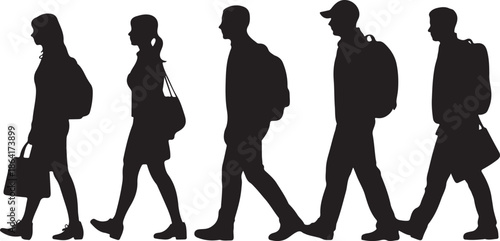 Group walking, silhouettes of people, carrying bags, backpacks, casual clothing, outdoor activity, diverse individuals, motion, urban lifestyle, travel, movement, teamwork