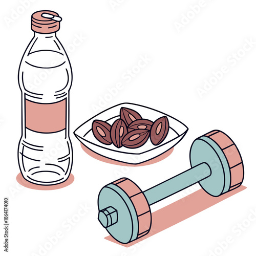 Healthy fitness essentials with water bottle and dumbbell