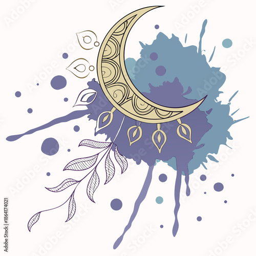 Dreamy crescent moon illustration with leaves and paint splatter