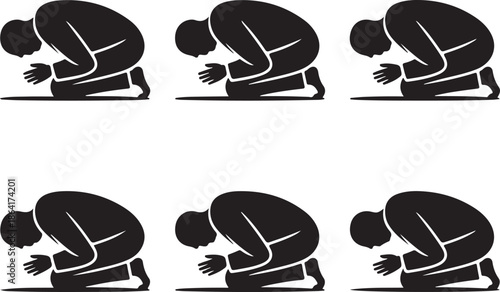 Six silhouettes of people in a praying or supplicating posture black and white