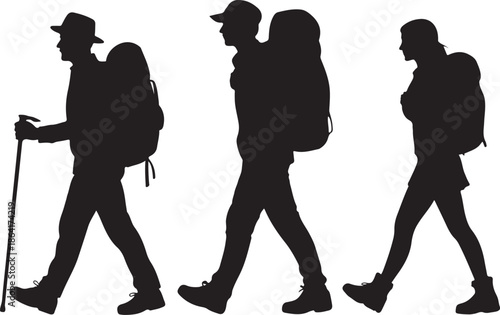 Hiking adventures await with these intrepid travelers ready to explore the great outdoors, vector silhouettes