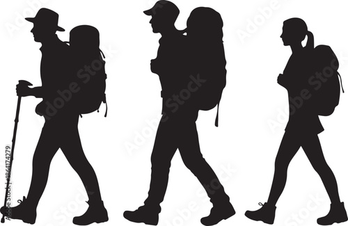 Hiking adventures await with these intrepid travelers ready to explore the great outdoors, vector silhouettes