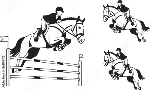 Horse and rider show jumping silhouettes in dynamic motion, equestrian sport illustration for competitive riding, athlete performance, and active lifestyle design