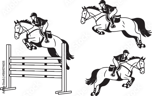 Horse and rider show jumping silhouettes in dynamic motion, equestrian sport illustration for competitive riding, athlete performance, and active lifestyle design