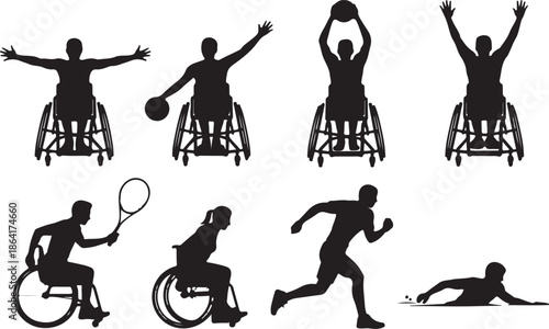 Inclusive sports silhouette illustration, adaptive athlete vector, wheelchair tennis basketball design sketch, running swimming activity outline, fitness diversity graphic, physical exercise art