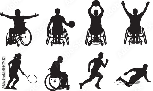 Inclusive sports silhouette illustration, adaptive athlete vector, wheelchair tennis basketball design sketch, running swimming activity outline, fitness diversity graphic, physical exercise art