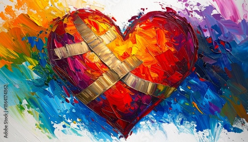 Abstract Heart Oil Painting with Cross Bandages for Emotional Healing and Resilience © Natalia