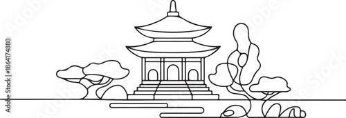 Japanese Buddhist temple continuous one line vector drawing